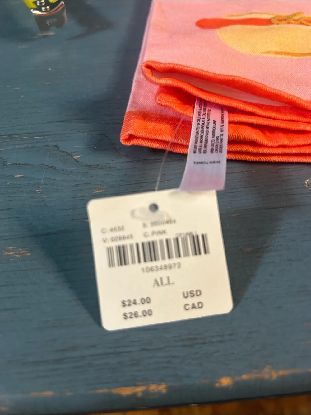 Anthropologie Pink Tea Towel with Orange Trim and Food Motifs - New $24